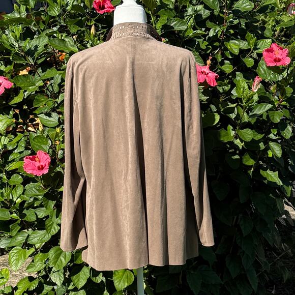 Coldwater Creek 1X Taupe Laser Cut Faux Suede Waterfall Cardigan Sweater Jacket - Picture 5 of 10